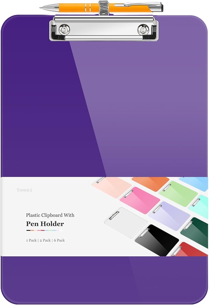 Sooez Plastic Clipboard with Pen Holder, [10% Thicker] Clip Boards 8.5x11 with Low Profile Clip, Cute Hanging Clipboard, Standard Letter Size A4 for Women Teacher, Office & School Supplies