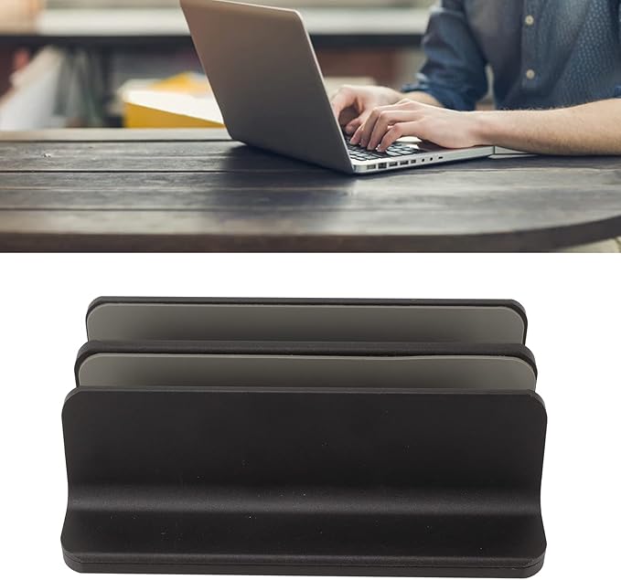Vertical Laptop Stand Aluminum Alloy Double Dock, Laptop Stand Holder, Black Multifunctional Cooling Desktop Stand with Silicone Protective Pad, for Computer Tablet Book Storage