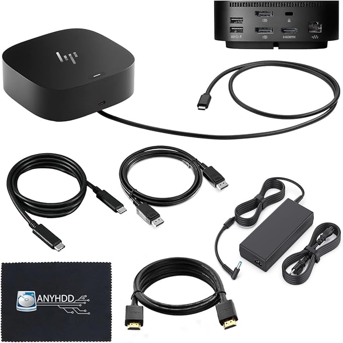 HP Docking Station for Laptop Dual Monitor and Charging Bundle - HP Dock 5TW10AA / 5TW10UT / 5TW10AA#ABB with 120W Adapter + HDMI Cable + DisplayPort Cable + USB-C Cable + Microfiber Cloth (Renewed)