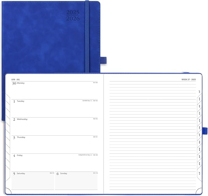 POPRUN Weekly Planner 2025-2026 (Large 8.5''x 10.5'') Academic Calendar (JUL.25 - JUN.26) Appointment Book with Monthly Tabs, Leather Soft Cover, Inner Pocket, 100 GSM - Royal Blue