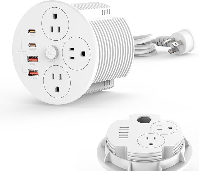 Desktop Power Grommet with 100W USB C, Double-Side Recessed Charging Station Plug in 5AC Outlets & 4 USB Ports, 4-Inch Hole Furniture Flush Mount for Countertop White