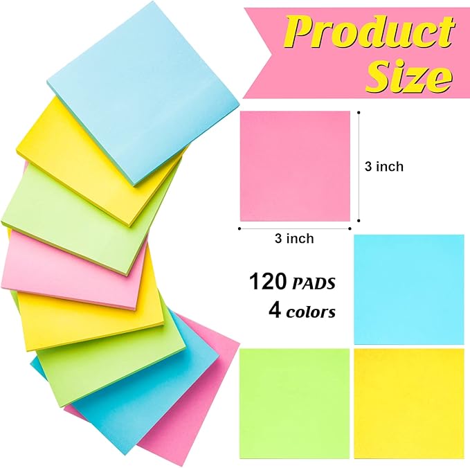 Fainne 120 Pack Sticky Notes Bulk 3 x 3 inch Self Stick Note Pads Multicolor Paper Memo for Office School Supplies Student Teacher Classroom Back to School Essentials, 50 Sheet/Pad(Simple Color)