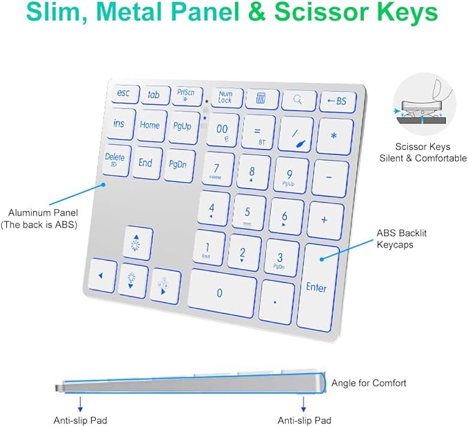 Tri-Mode Aluminum Numpad 7-Color Backlit Bluetooth 5.0/Wired USB-C/2.4G Wireless Number Pad Slim 35-Key Rechargeable Numeric Keypad External Keyboard Num Pad for Laptop, Mac - Silver White
