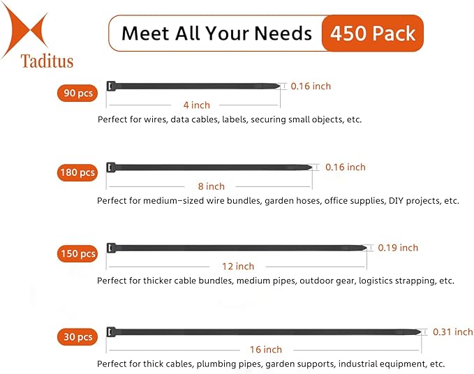 Zip Ties Heavy Duty Assorted Size, 4+8+12+16 Inch, 150 LBS Tensile Strength, 450 Pieces Pack, Self-Locking and Durable, for Indoor Outdoor Use, Black Nylon Cable Zip Ties