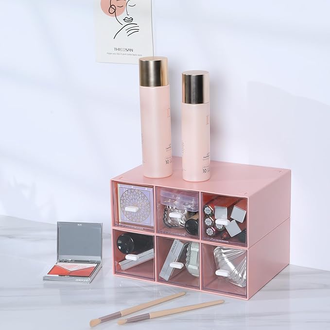 Desktop Drawers, Desk Organizer with 6 Drawers, Stackable Plastic Storage Box for Home Collection, Cosmetics, Office Supplies (2 Tall Layers, Pink)