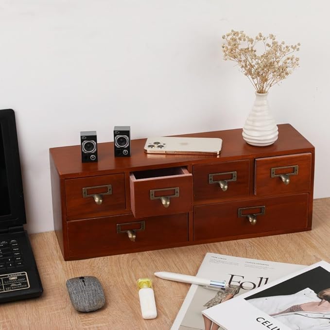 Apothecary Drawers Wooden Storage Box with 6 Drawers Vintage Countertop Wooden Drawers Apothecary Cabinet Library Card Catalog Cabinet （BROWN）