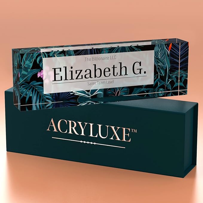 Desk Name Plate Personalized, Custom Name Plates 2½/x8 Inches, Thick Crystal-Clear Acrylic, Gift Box, Office Desk Decor. USA Made by ACRYLUXE (Bouquet)