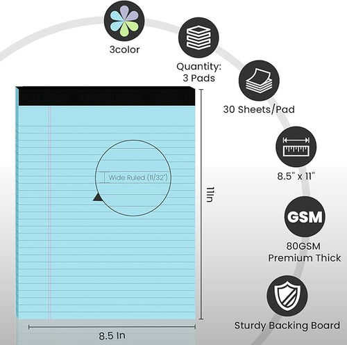 3pcs Legal Pads 8.5 x 11,Notepads 8.5 x 11 Inch, 30 Sheets/Pack, Colored Note Pads Clear Print Writing Pads of Paper, Perforate Wide Ruled Lined with Sturdy Back for Office, Business & School Supplies