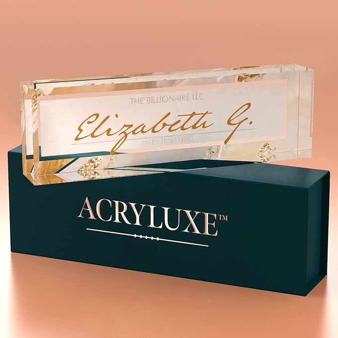 Desk Name Plate Personalized, Custom Name Plates 2½/x8 Inches, Thick Crystal-Clear Acrylic, Gift Box, Office Desk Decor. USA Made by ACRYLUXE (Monique)