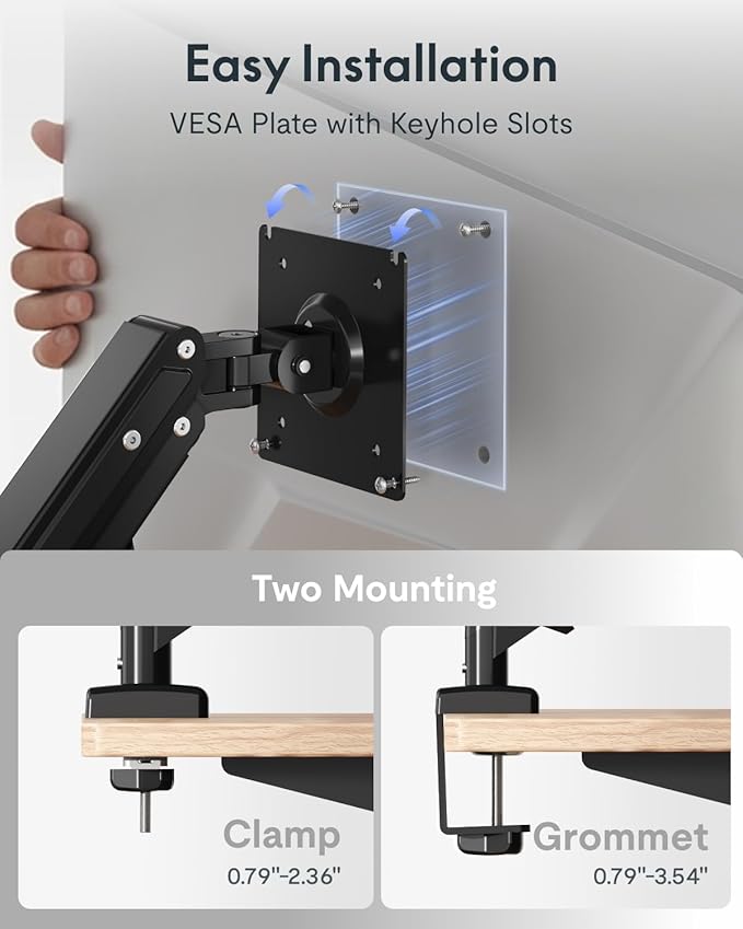 Flexispot Single Monitor Arm, 17-32 Inch Monitor Mount up to 19.84 lbs, Fast Install VESA Mount for Home Office Gaming, Full Adjustable Gas Spring with C-Clamp and Grommet Base, Black