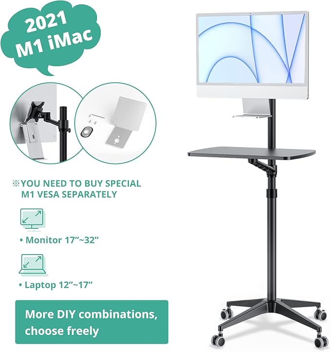 Viozon Mobile Desk,Mobile Workstation,Mulitiuse Rolling Laptop Floor Stand,34"-48.6" Height Adjustable,Compatible with 17"-27" Monitor&12"-17" Laptop,21"×14" Desk,Maxload 17.6lbs,4 Lockable Wheels B