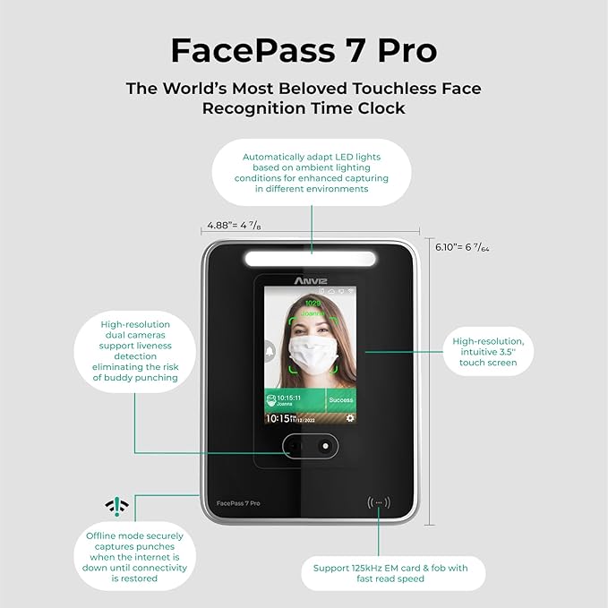 ANVIZ Time Clocks for Employees Small Business - Forever Free Cloud Software - FacePass 7 Pro Biometric Clock in and Out Machine - Support Door Access - Face + RFID + Pin Punching, FacePass 7 Pro