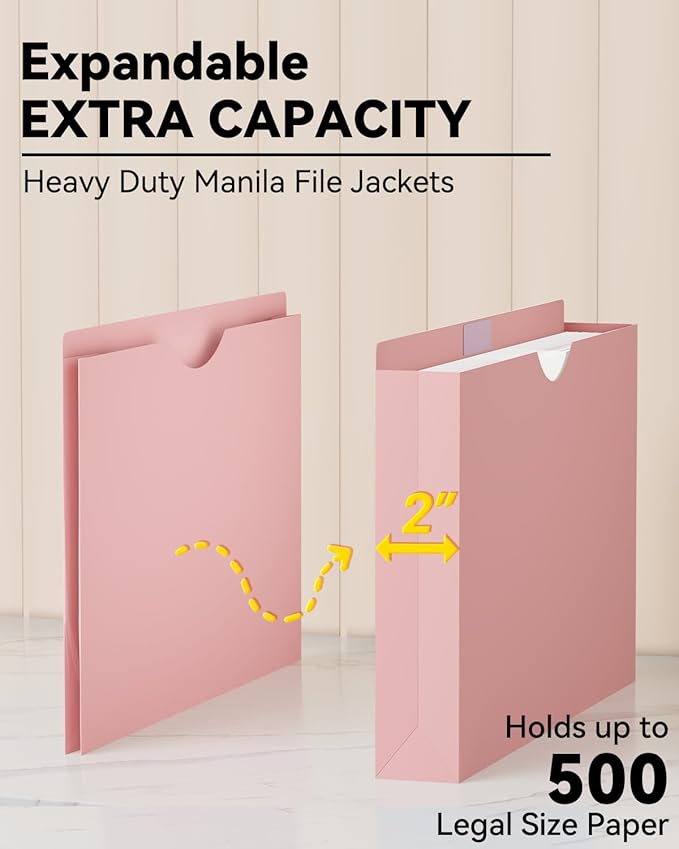 ANSOOK Plastic Manila File Jackets & File Pockets,Extra Capacity 2" Legal Size Manila Job File Folder,12 Pack Expansion Project File Jackets,Heavy Duty Legal File Cabinet Folder with Straight Cut Tab