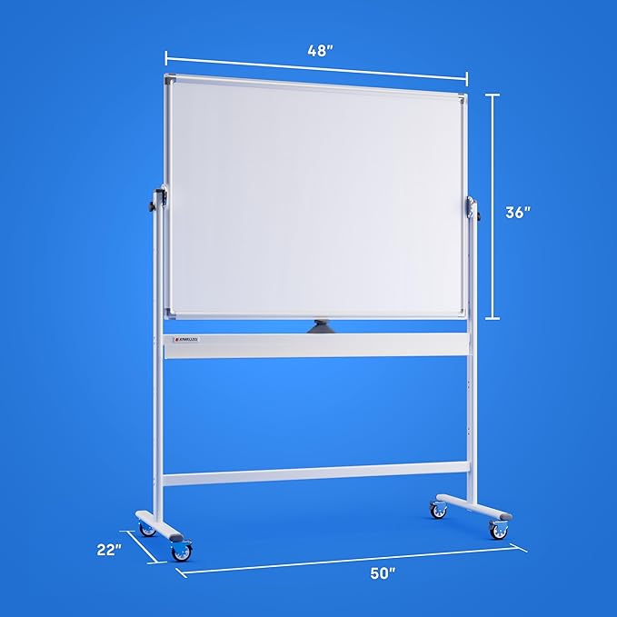 Rolling Dry Erase Board 48 x 36 - Large Portable Magnetic Whiteboard with Stand - Double Sided Easel Style Whiteboard with Wheels - Mobile Standing White Board for Office, Classroom & Home