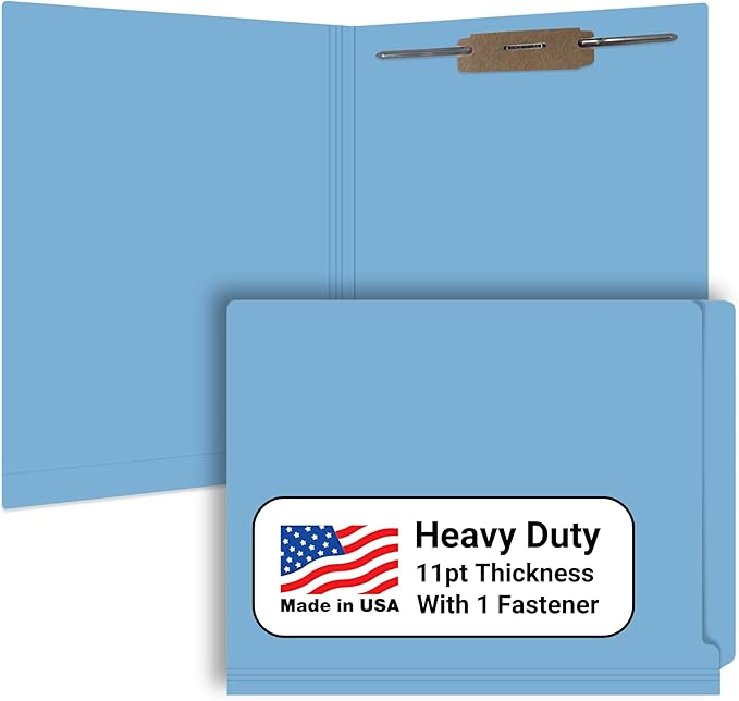 Blue File Folders, USA Made, Doctor Stuff, One 2" Bonded Fastener Top Right Position 1, Durable 11pt, Reinforced End Tab File Folders with Prong, Medical Charts/Patient Chart, 50/Box