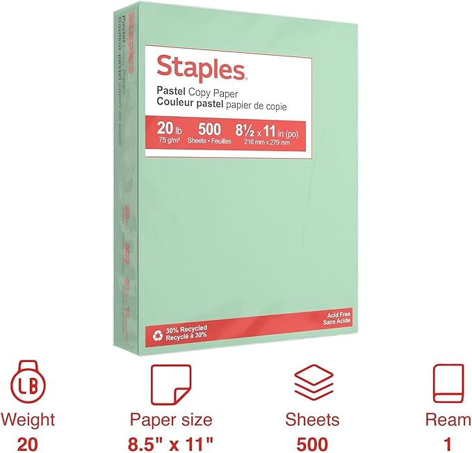Staples Pastel Recycled Color Copy Paper - 20 lbs, Green, 8.5" x 11", 500 Sheets, Acid-Free, Eco-Friendly Printer Paper