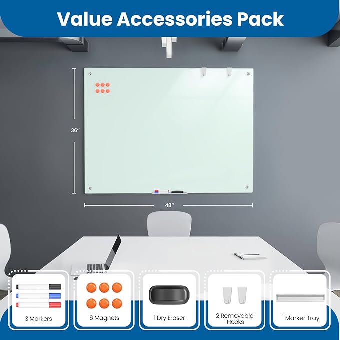 Large Glass Whiteboard, Enhanced Magnetism Glass Dry Erase Board for Wall, 48" x 36" Magnetic Tempered Glass Board, 4' x 3' Big White Board for Home, Office, School