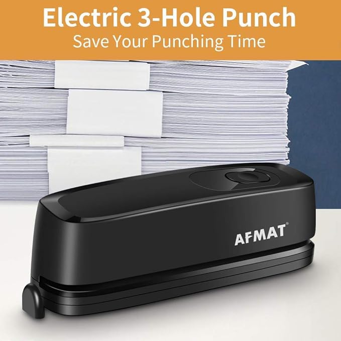 AFMAT Electric 3 Hole Punch, 20-Sheet 3 Hole Puncher for Binder, Effortless Punching, 9/32" Hole Diameter, Paper Hole Puncher 3 Hole Heavy Duty, for Office/School/Studio, AC or Battery Operated, HP01