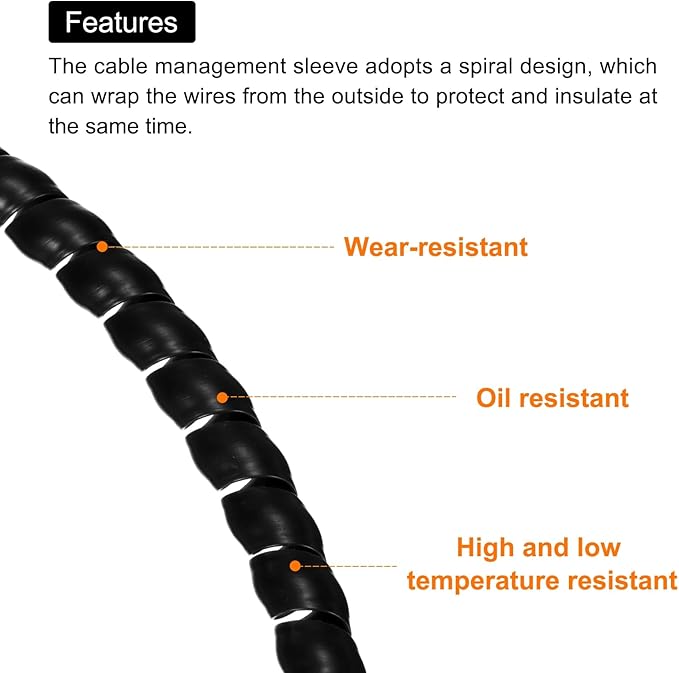 MECCANIXITY Spiral Cable Wrap 9.8ft/3.0M 8mm Cable Management Sleeve PP Insulation Cord Organizer for Computer Wire Power Cable Gas Pipe Black with Tape