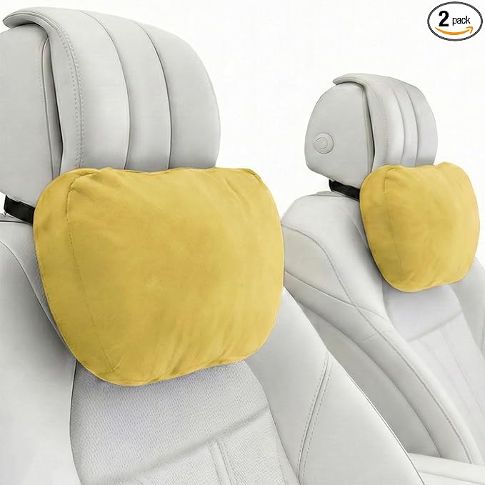 2PCS Car Pillow for Car Neck Pillow for Driving Seat Lumbar Support Soft Cushion with Extra Filling Accessories Back Support for Travel Nap and Trips Sleeping (Golden, Head)