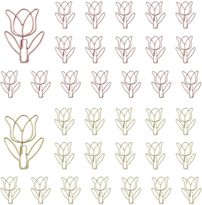 OWLFAVO 36pcs Tulip Flower Shape Paper Clips with Clear Box, Rose Gold and Yellow Gold, Funny Cute Paperclips Bookmarks Planner Clips for Fun Office Supplies School Gifts Wedding Decoration