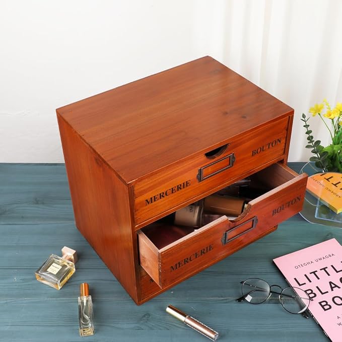 Wooden Storage Box Rustic Desktop Organizer with 3 Drawers Office Desk Accessories Shelf Large Craft Storage Containers Apothecary Cabinet and Chest Jewelry Holder for women(BROWN)