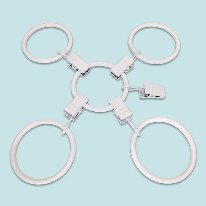 AMZSEVEN 100 Pack Metal Curtain Rings with Clips, Drapery Clips Hooks, Decorative Curtain Rod Clips 1.5 in Interior Diameter, Rustproof White