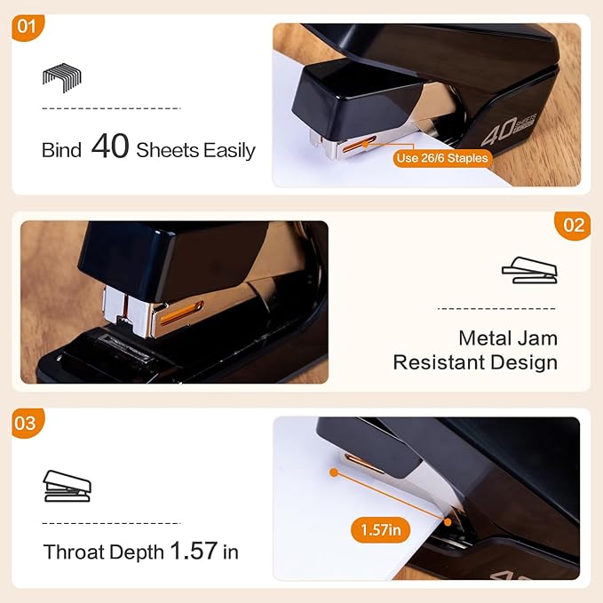 Deli Stapler, Effortless Staplers for Desk, 40 Sheet Capacity Heavy Duty, One Touch, No Effort, Easy to Load,with 2000 Staples & Staple Remover, Good for Office, Home Use, Black