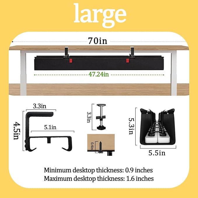 No Drill Under-Desk Cable Management Tray, Desktop Cable Organizer, Fabric Storage Tray, Two Installation Methods, Suitable for Office/Home Use. (13 * 47in)