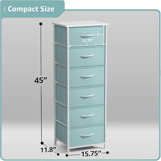 Sorbus Fabric Dresser for Kids Bedroom - Chest of 6 Drawers, Tall Storage Tower, Clothing Organizer, for Closet, for Playroom, for Nursery, Steel Frame, Fabric Bins - Wood Handle (Aqua)