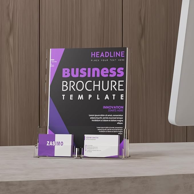 Acrylic Brochure Holder with Business Card Holder, 8.5"x 11", Clear Flyer Stands for Display, Ideal for Trade Show, Menu, Journals, Pamphlet, Magazine, Booklets, Literature (4-Pack Acrylic)