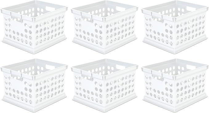 Sterilite Stackable Plastic Storage Crate Bin Organizer File Box with Handles for Home, Office, Dorm, Garage, or Utility Organization, White, 6-Pack