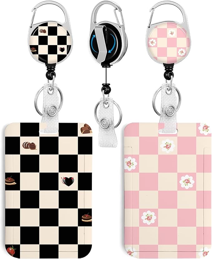 2 Pack Black&Pink Checkered ID Badge Holder with Heavy Duty Retractable Reel Keychain for WomenStudents,Teachers, Nurses, Office Use