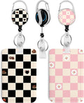2 Pack Black&Pink Checkered ID Badge Holder with Heavy Duty Retractable Reel Keychain for WomenStudents,Teachers, Nurses, Office Use