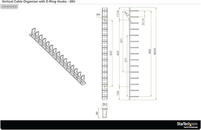 StarTech.com Vertical 0U Server Rack Cable Management w/ D-Ring Hooks - 20U Network Rack Cord Manager Panel - 3ft Wire Organizer (CMVER20UD)