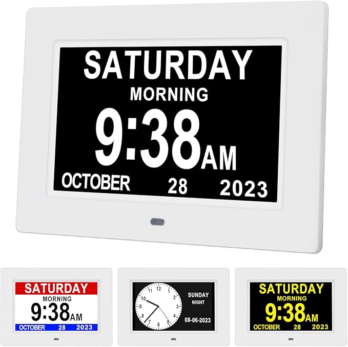Aowasi 7 Inch Dementia Clock for Seniors Impaired Vision Alzheimers Digital Calendar Day Clock with 12 Alarm Options, Non-Abbreviated Day & Month