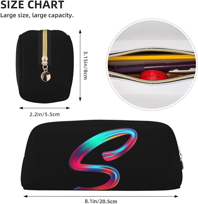 Cute Initial Pencil Case for Kids Simple Leather Pencil Pouch for Boys Girls Letter Design Pencil Box Pen Bag Pencil Pouch Office Stationery Organizer, Rainbow Letter S