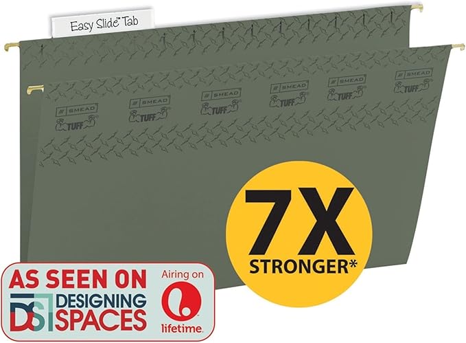 Smead TUFF Hanging File Folder with Easy Slide Tab, 1/3-Cut Sliding Tab, Legal Size, Standard Green, 20 per Box (64136, Rod Color May Vary)