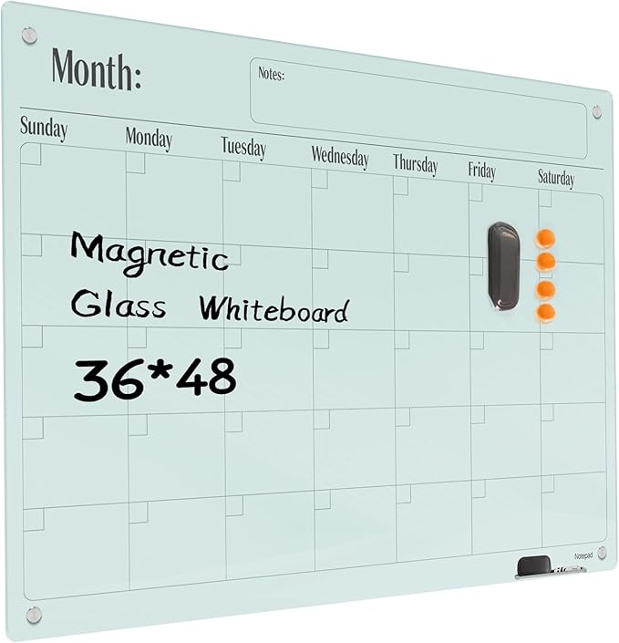Magnetic Glass Dry Erase Board Calendar- White Board 48 x 36 Inch Wall Mounted Glass Monthly Whiteboard, Large Frameless Glass White Board for Wall Office, Home & School