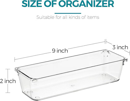 4 Pack Drawer Organizer - 3" X 9" Clear Acrylic Storage Bins with Non-Slip Pads, Versatile Desk Tray for Makeup, Jewelry, Kitchen, Bathroom, and Office Organization