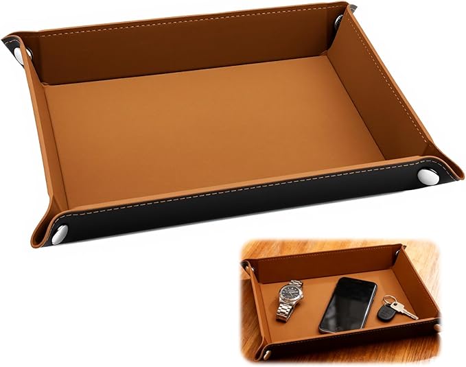 PU Leather Jewelry Valet Tray for Women and Men, Premium Catchall Tray for Keys Wallet Watch Jewelry Glasses and Candy, Large Nightstand or Dresser Organizer 8x6 Inch Brown