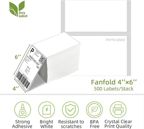 4" x 6" Fanfold Direct Thermal Labels for White Mailing Address Postage Shipping Commercial Grade Compatible with Zebra & Rollo & MUNBYN Label Printer (4 Stacks, 2000 Labels)