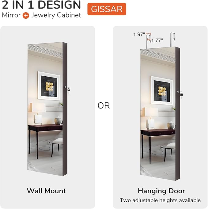 GISSAR Full Length Mirror Jewelry Cabinet, 6 LEDs Jewelry Armoire Wall Mounted Over The Door Hanging, Jewelry Organizer Storage with Lights Lockable, Brown, 14.6" x 47.2"