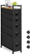 LASZOLA 5 Drawer Narrow Dresser Slim Cabinet Skinny Storage Tower Chest, Ideal for Small Spaces Bathroom Bedroom, Between Washer and Dryer, Lightweight Mobile on Wheels, Sturdy Fabric Drawers, Black
