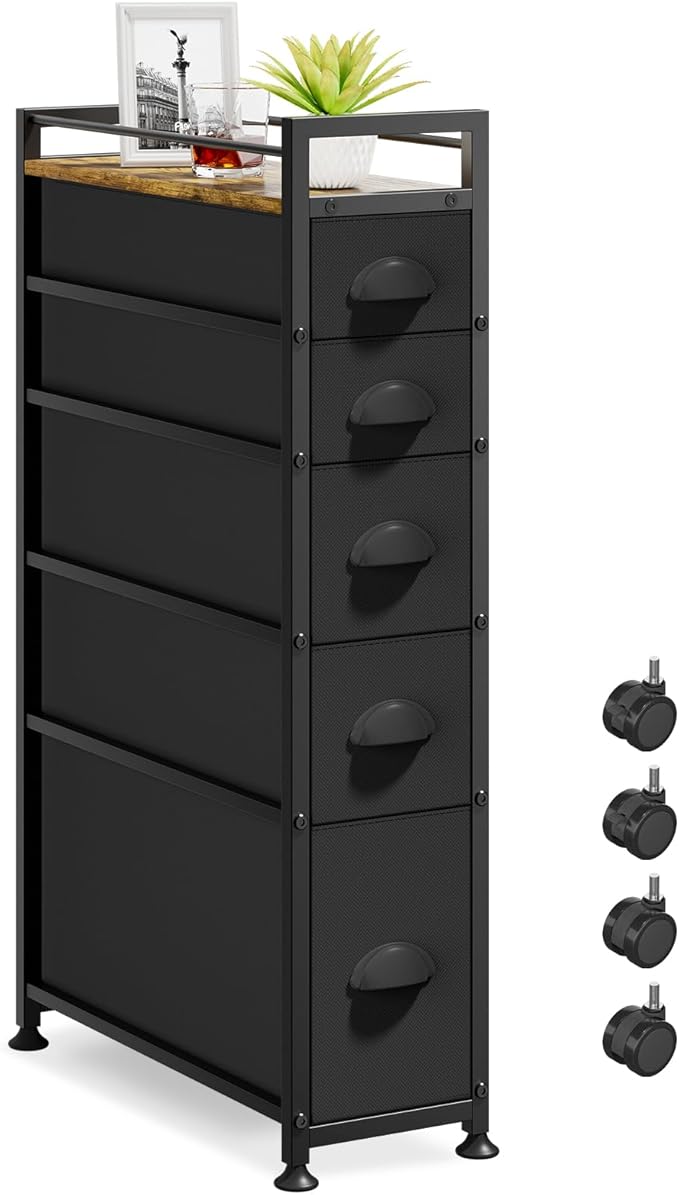 LASZOLA 5 Drawer Narrow Dresser Slim Cabinet Skinny Storage Tower Chest, Ideal for Small Spaces Bathroom Bedroom, Between Washer and Dryer, Lightweight Mobile on Wheels, Sturdy Fabric Drawers, Black
