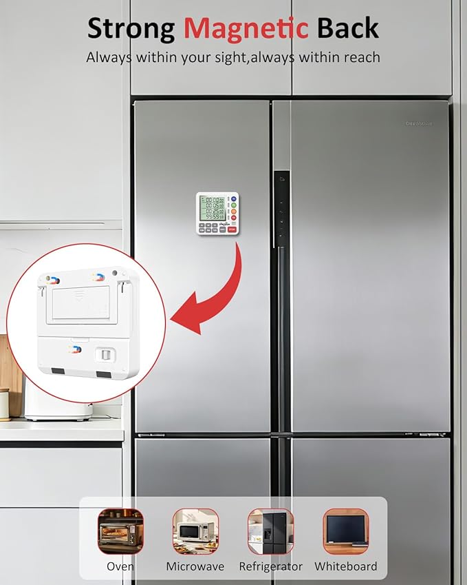 Digital Kitchen Timer for Cooking - 4 Channel Count Up Countdown Timer with Loud Alarm and Silent Mode, Large Display, Magnetic Back, Auto Memory for Classroom Study Gym, Battery Included (White)