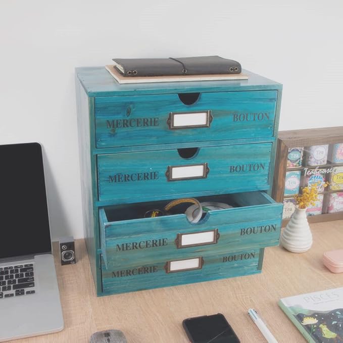 Wooden Storage Box with Drawers Vintage Office Supplies and Accessories Letter Tray Wood Desktop File Organizer 4 Tier Paper Sorter School Supply Holder Rustic Jewelry Box (LARGE BLUE)