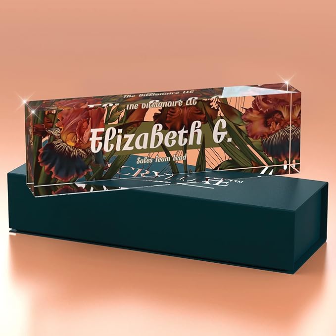 Desk Name Plate Personalized, Custom Name Plates, 2½/x8 Inches, Thick Crystal-Clear Acrylic, Gift Box, Office Desk Decor. USA Made by ACRYLUXE (Iris)