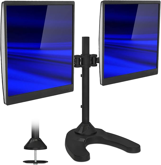 Mount-It! Free Standing Dual Monitor Stand | Double Arm Desk Mount Fits Two x 21 24 27 Inch Computer Screens | 2 Heavy Duty Full Motion Adjustable Arms | VESA 75 100 Compatible | Grommet Base Included