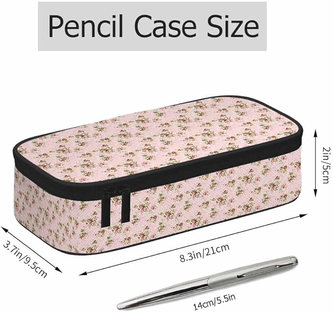 Pink Flowers Pencil Case Green Leaves Floral Retro Pencil Bag Pen Markers Pouch Holder Organizer for Boy Girl School Students